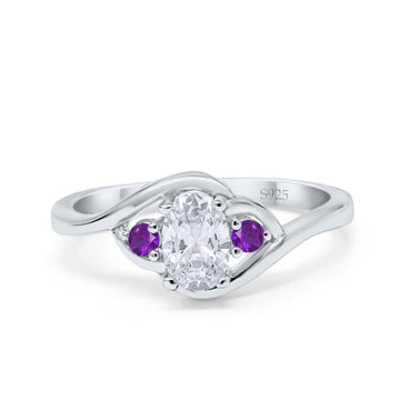 Three Stone Engagement Ring Oval Cut Round Simulated Amethyst Cubic Zirconia 925 Sterling Silver